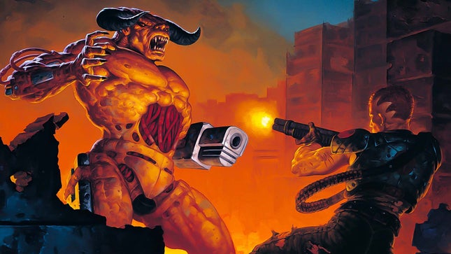 Una imagen muestra a un demonio luchando contra un soldado como se ve en la portada de Doom 2. 